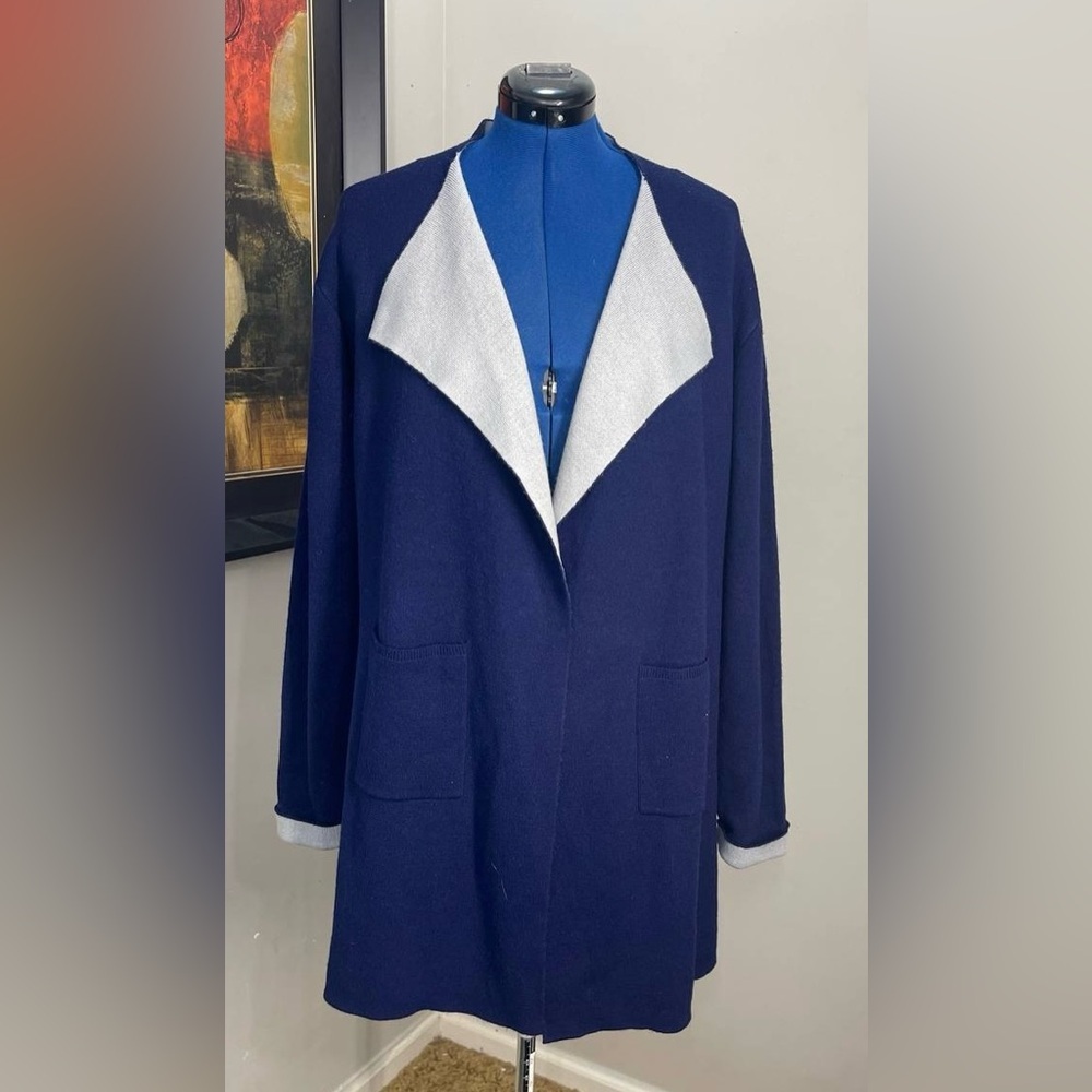 Jacklyn Smith  Collection XXL Cardigan Tunic Blue‎ Gray Open Front Lagenlook